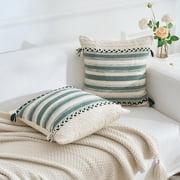 Boho Throw Pillow Cover Green 18x18 Inches, Handmade Long Body Accent Pillow Case for Bed Home Decor, Farmhouse Tassel Textured Lumbar Pillowcase for Bedside