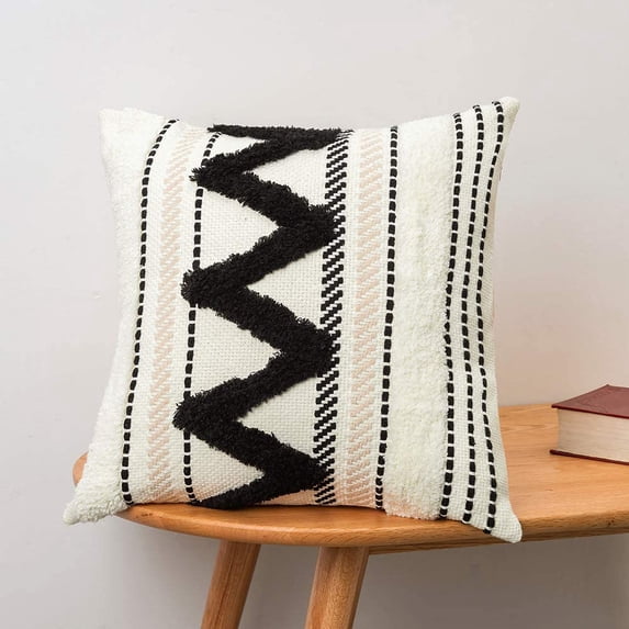 Boho Throw Pillow Cover Small Decorative Accent Pillow Case for Sofa Couch, Woven Tufted Pattern, 18x18 inch