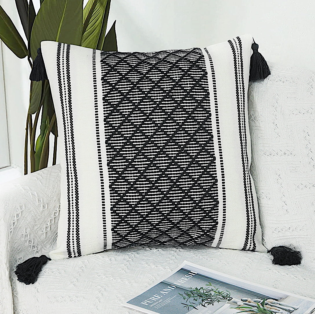 Boho Cotton Throw Pillow Cover with Tassels 20x20 Inches Black White Decorative Cushion for Couch Sofa Living Room Walmart