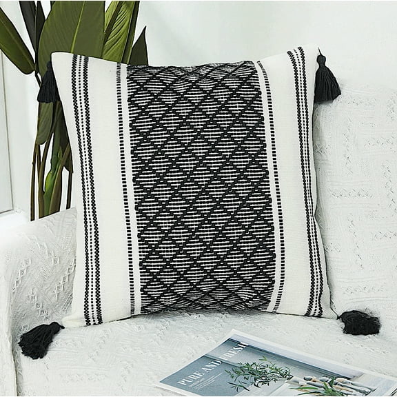 Boho Throw Pillow Cover with Tassels, 20x20 Inches, Black / White | Decorative Pillow Cover for Living room Couch Sofa/ Farmhouse Woven Pillow Case/ Neutral Accent Cushion Cover