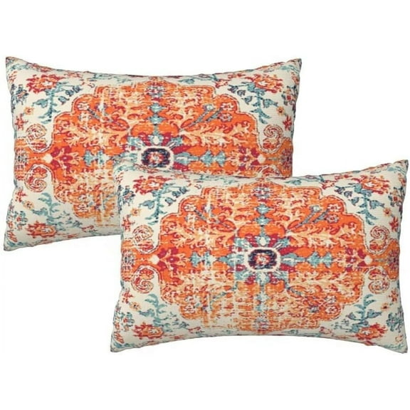 Boho Throw Pillow Covers 12 x 20 Set of 2, Orange Blue Ethnic Design Pillow Covers Farmhouse Carpet Pattern Rustic Cushion Cases Decorative Gifts for Couch Sofa Indoor Outdoor