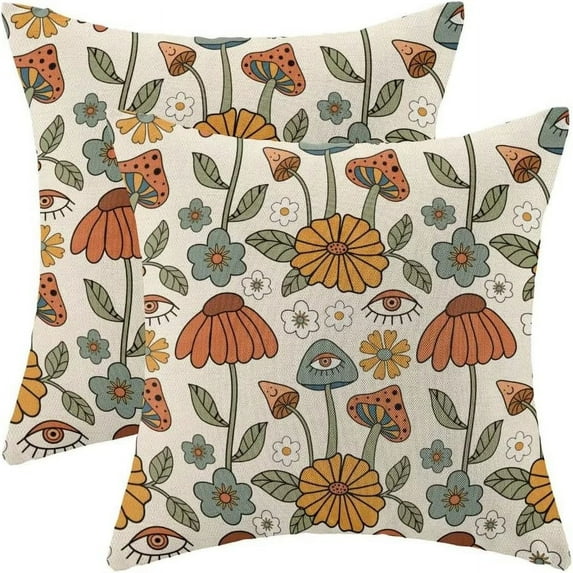 Boho Throw Pillow Covers 16x16 Set of 2, Yellow Orange Fun Cute Mushrooms Retro Decorative Outdoor Pillow Covers 70s Vintage Floral Linen Farmhouse for Couch Sofa Summer Home Decor