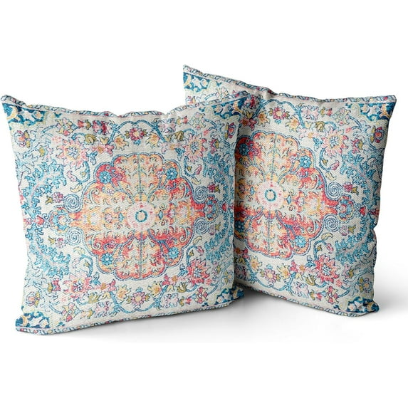 Boho Throw Pillow Covers 16x16 inch Set of 2 Burnt Blue Red Terracotta Rust Colored Throw Pillows Boho Home Decor for Bedroom Living Room Couch & Sofa (No Inserts)