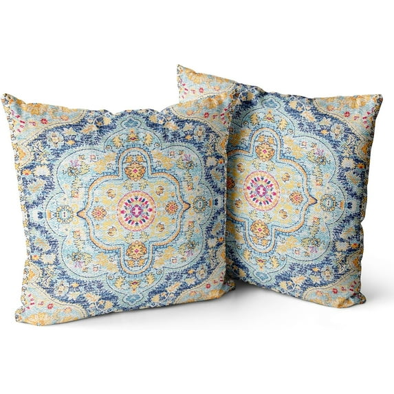 Boho Throw Pillow Covers 16x16 inch Set of 2 Burnt Blue Yellow Terracotta Rust Colored Throw Pillows Boho Home Decor for Bedroom Living Room Couch & Sofa (No Inserts)