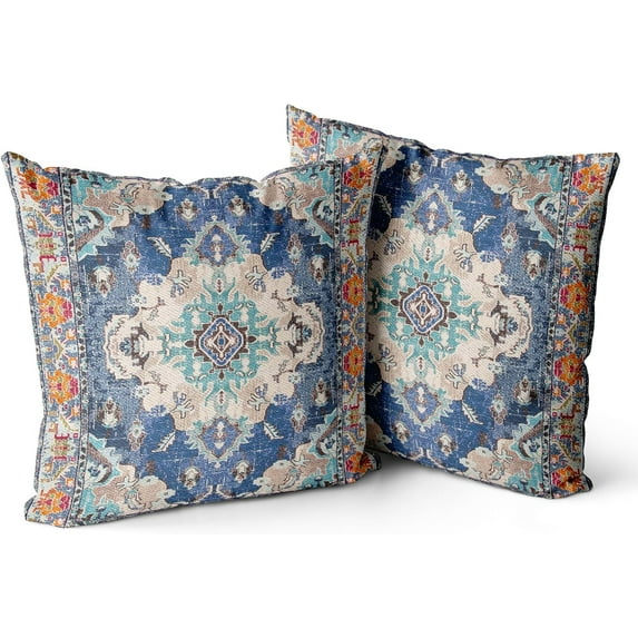 Boho Throw Pillow Covers 16x16 inch Set of 2 Monaco Rug Persian Carpet Double Sided Pattern Cotton Soft Pillow Case Cushion Cover Pillowcase for Couch Sofa Bed Decorative (Blue)