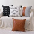 thumbnail image 1 of Boho Throw Pillow Covers 18 x 18 Set of 4, Modern Geometric Farmhouse Pillowcases Black and White Faux Leather and Linen Cushion Case for Home Couch Decor, 1 of 6