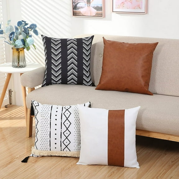 Boho Throw Pillow Covers 18 x 18 Set of 4 - Modern Stripe Geometric Farmhouse Decorative Pillow Cover Sets for Pillows - Couch Sofa Bed,Faux Leather Black and White Pillow Covers