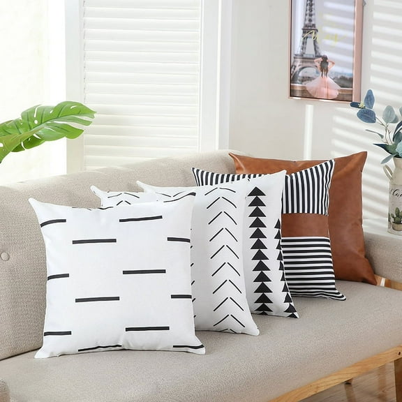 Boho Throw Pillow Covers 18 x 18 Set of 5 - Modern Stripe Geometric Farmhouse Decorative Pillow Cover Sets for Pillows - Couch Sofa Bed,Faux Leather Black and White Pillow Covers
