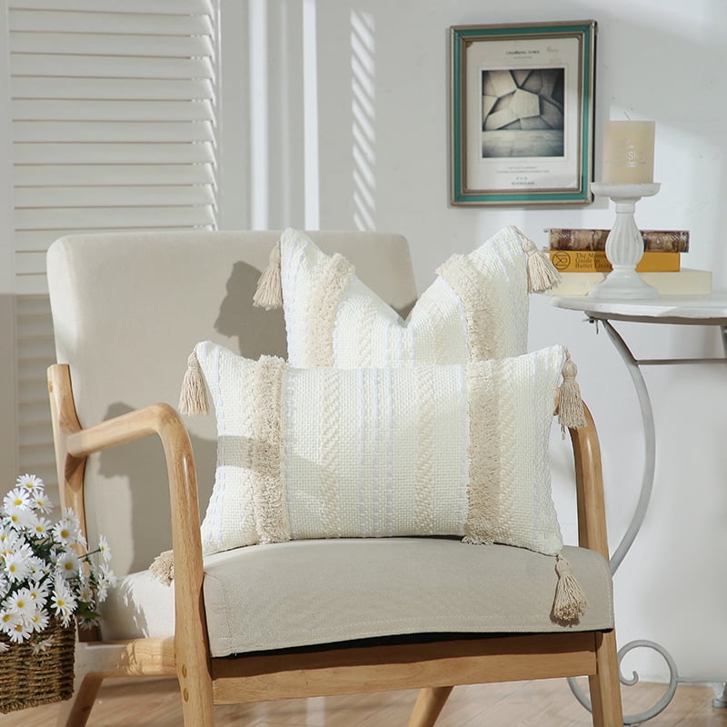 Boho Velvet Pillow Covers Set Of 2 – 18x18 Inch Farmhouse Stripe Pattern Cushion Covers For Sofa, Bed, Decor (Colors: White, Blue, Brick Red & More)