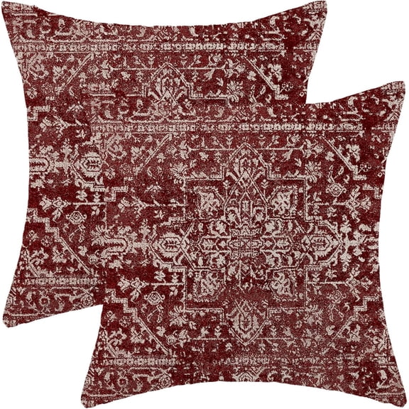 Boho Throw Pillow Covers 18x18 Inch Set of 2, Carpet Pattern Wine Red Decorative Throw Pillow Covers Christmas Burgandy Red Linen Outdoor Cushion Cover for Sofa Couch Farmhouse Room Bed Decor