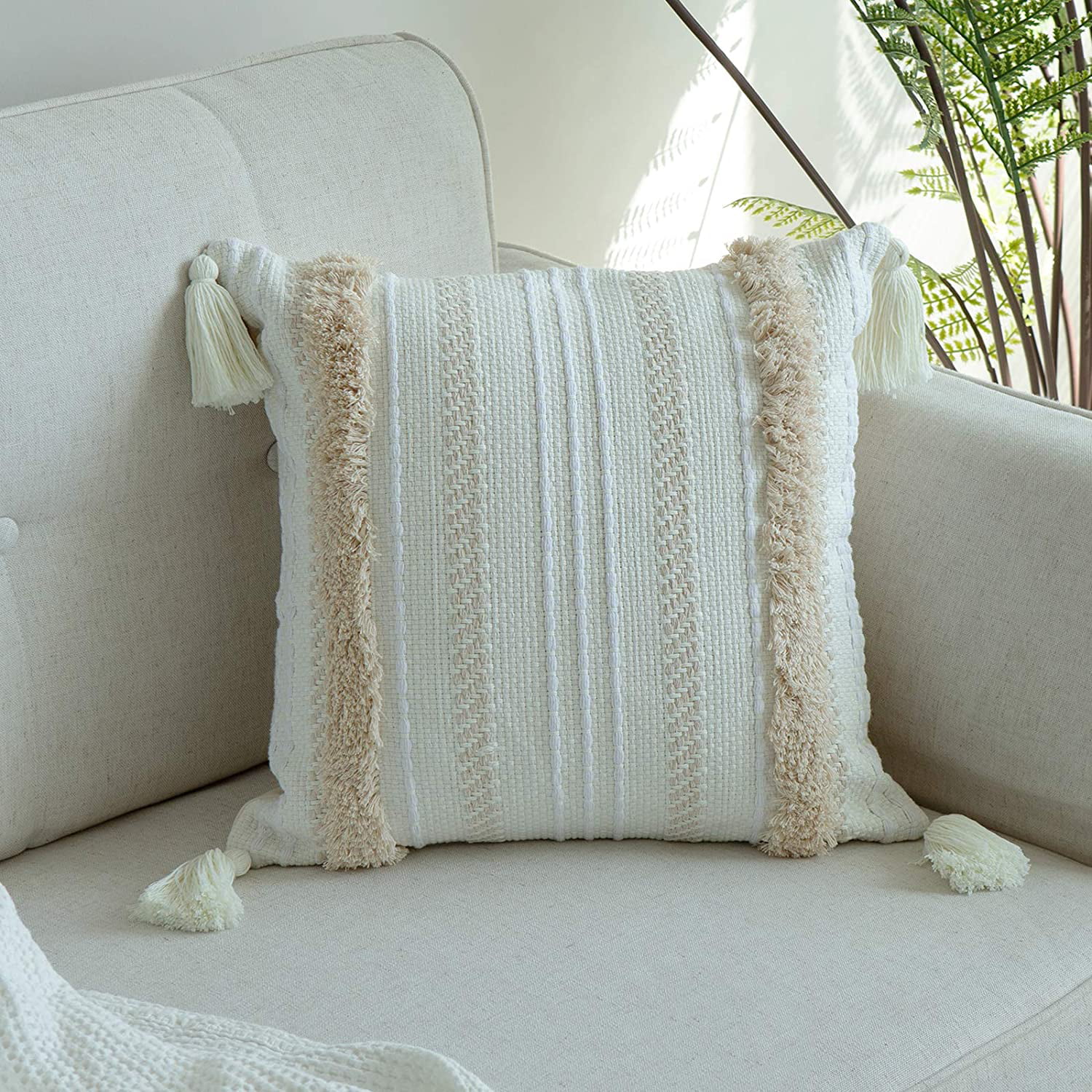 Boho Throw Pillow Covers 18x18 Neutral Tufted Decorative Pillows