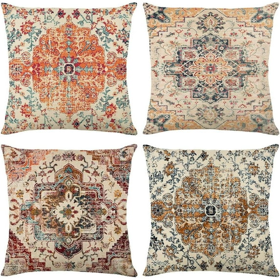 Boho Throw Pillow Covers 18x18 Set of 4, Monaco Rug Persian Carpet Decorative Pillows Covers for Couch, Sofa Pillows Case for Living Room, Bohemia Ethnic Style Sofa Cushion Case (18x18 inch)