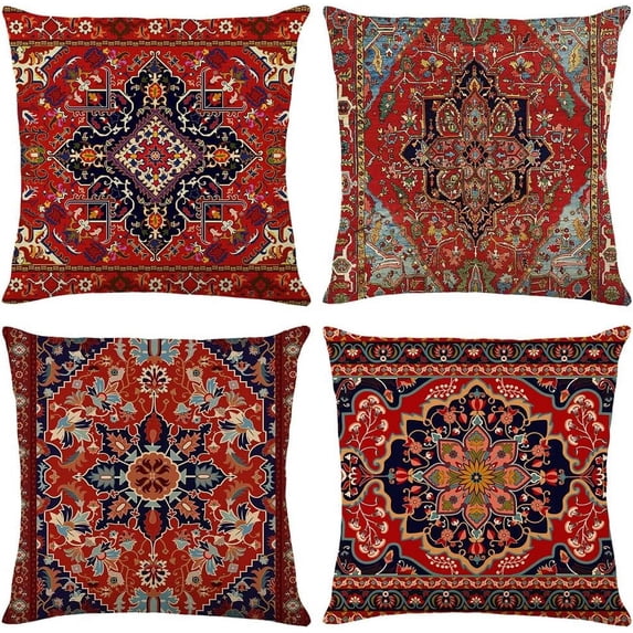 Boho Throw Pillow Covers 18x18 Set of 4, Monaco Rug Persian Carpet Decorative Pillows Covers for Couch, Sofa Pillows Case for Living Room, Bohemia Ethnic Style Sofa Cushion Case (18x18 inch)
