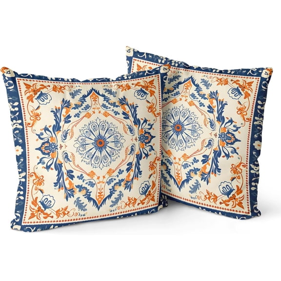 Boho Throw Pillow Covers 18x18 inch Set of 2, Blue White Monaco Vintage Double Sided Pattern Mandala Pillow Cushion Cover Bohemian Pillowcase for Couch Sofa Bed Decorative