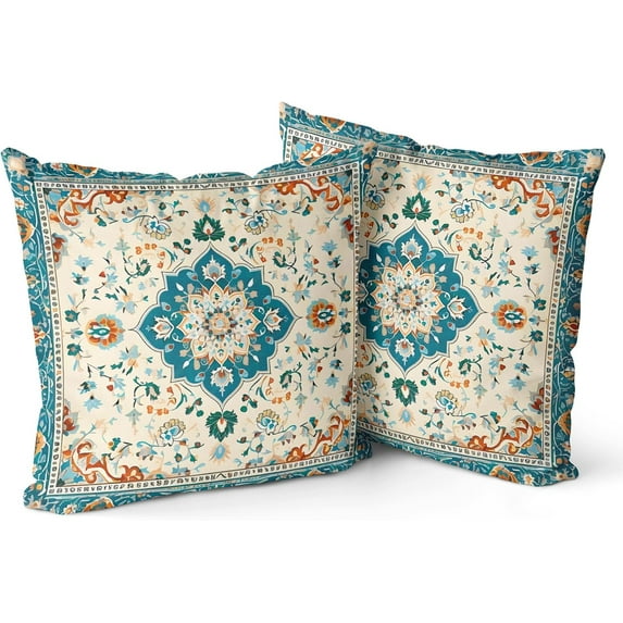 Boho Throw Pillow Covers 18x18 inch Set of 2, Blue White Monaco Vintage Double Sided Pattern Mandala Pillow Cushion Cover Bohemian Pillowcase for Couch Sofa Bed Decorative