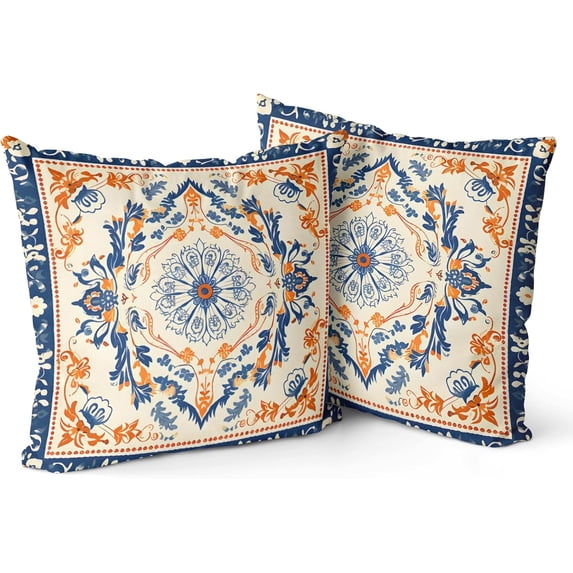 Boho Throw Pillow Covers 18x18 inch Set of 2, Blue White Monaco Vintage Double Sided Pattern Mandala Pillow Cushion Cover Bohemian Pillowcase for Couch Sofa Bed Decorative