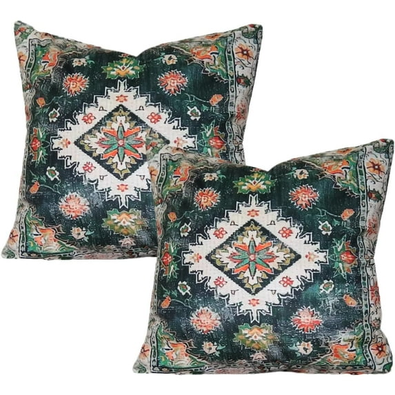 Boho Throw Pillow Covers 18x18 inch Set of 2 Green Monaco Rug Persian Carpet Pattern Decorative Pillow Covers Soft Couch Pillows Case Bohemian Floral Living Room Decor