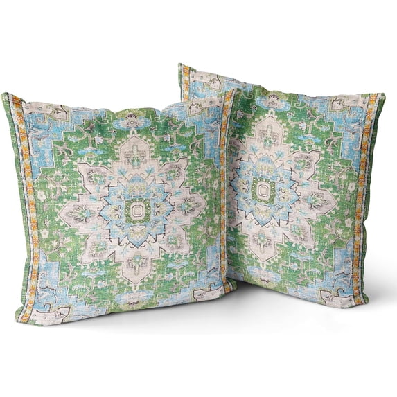 Boho Throw Pillow Covers 18x18 inch Set of 2 Monaco Rug Persian Carpet Double Sided Pattern Short Plush Cotton Soft Pillow Case Cushion Cover Pillowcase for Couch Sofa Bed Decorative (Green)