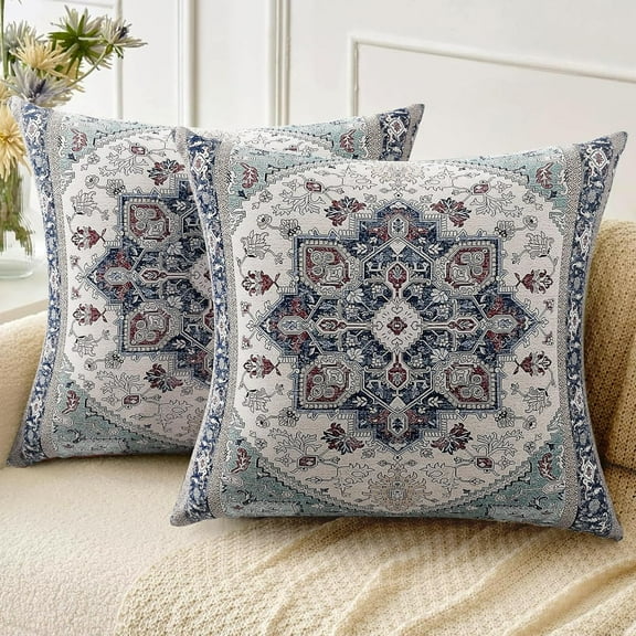 Boho Throw Pillow Covers 18x18 inch Set of 2,Soft Pillowcases Bohemia Carpet Pattern Decorative Sofa Living Room Bed Square Pillow Case Cushion Cover-Blue Cyan