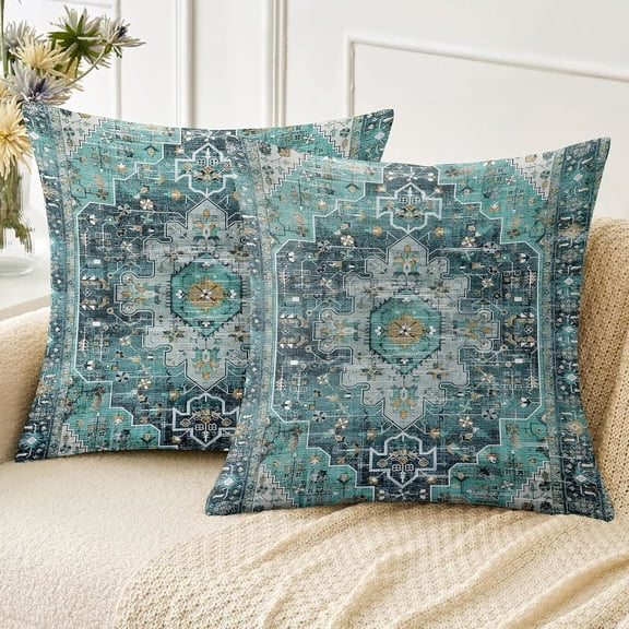 Boho Throw Pillow Covers 18x18 inch Set of 2,Soft Pillowcases Bohemia Carpet Pattern Decorative Sofa Living Room Bed Square Pillow Case Cushion Cover-Cyan
