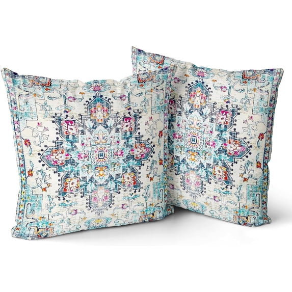 Boho Throw Pillow Covers 20x20 inch Set of 2 Monaco Rug Persian Carpet Double Sided Pattern Short Plush Cotton Soft Pillow Case Cushion Cover Pillowcase for Couch Sofa Bed Decorative (Cyan)