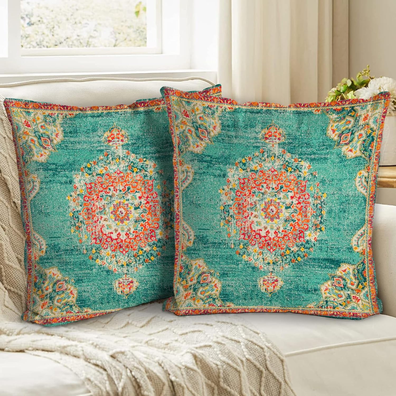 Boho Throw Pillow Covers 24x24 inch Set of 2,Boho Vintage Carpet ...