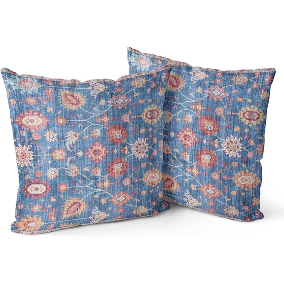 Boho Throw Pillow Covers Farmhouse Home Decor for Sofa Porch Patio Bed Room Outdoor，Set of 2，Bohemian Carpet Throw Pillows for Couch Decorative Pillow Cases，20x20inch,Denim Blue