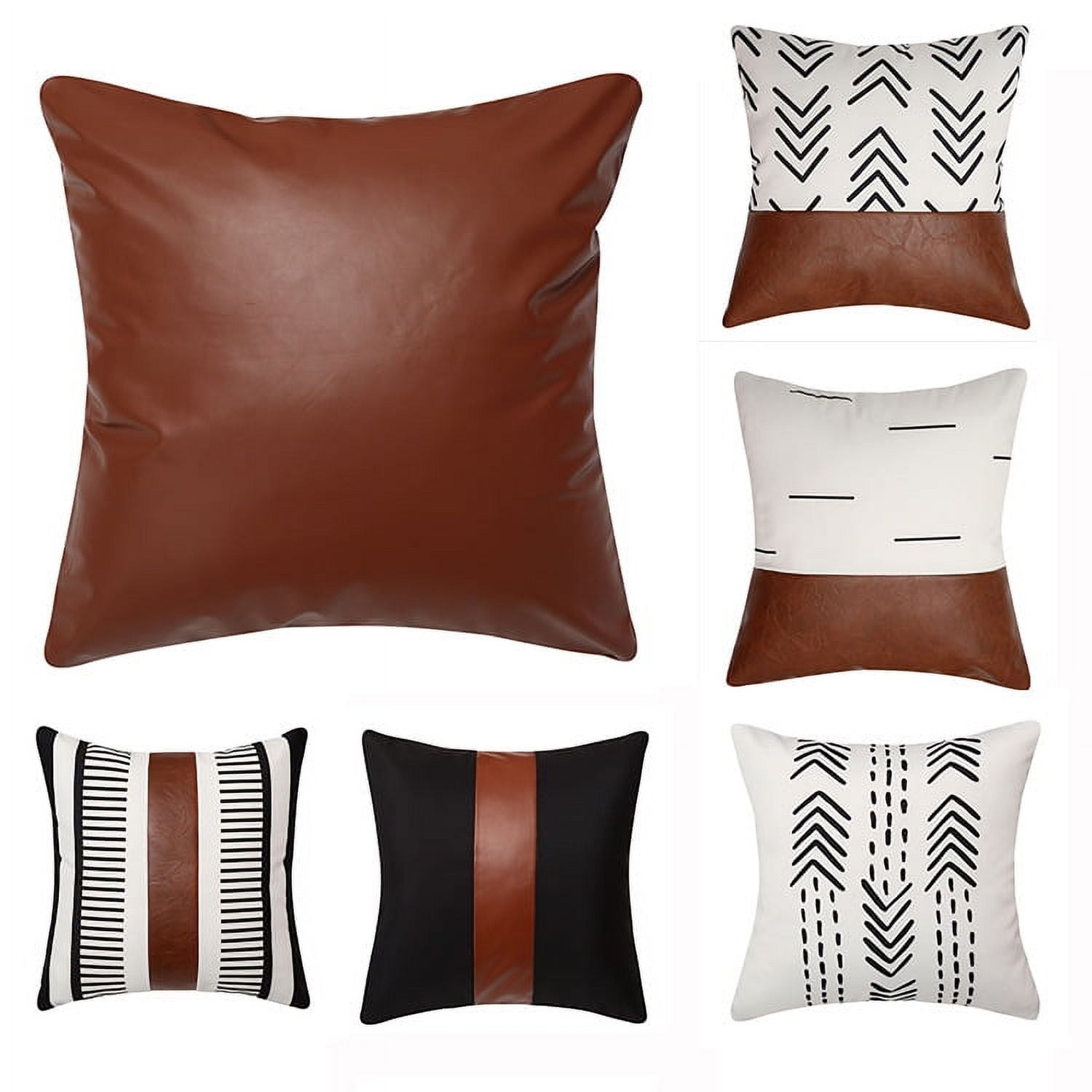 Boho Throw Pillow Covers, Modern Farmhouse Decorative Pillow Covers for Couch Sofa Bed,Faux Leather Pillow Covers, 18 x 18inch