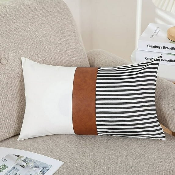 Boho Throw Pillow Covers, Modern Geometric Farmhouse Pillowcases Black and White Faux Leather and Linen Cushion Case for Home Couch Decor,18 x 18inch