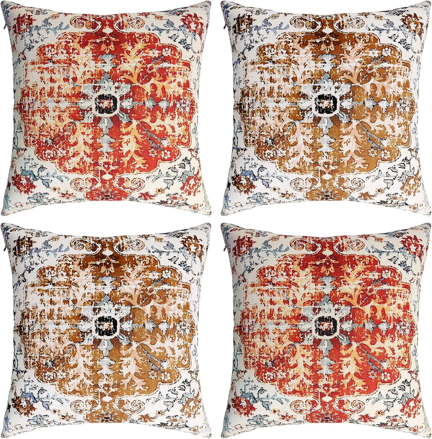 Boho Throw Pillow Covers Set of 4 Outdoor Linen Pillow Covers Bed Decorative Couch Pillow Covers - Bohemian Style Ethnic Design Carpet Pattern Vintage Rust Coral Floral Square Pillowcase
