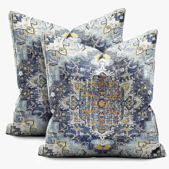 Boho Throw Pillow Covers Vintage Blue Yellow Pattern Bohemian Style with Floral Square Pillowcase Linen Cushion Cover Farmhouse Decorative Pillowcase for Sofa Sofa Bedroom Pack of 2 18 x 18 Inch