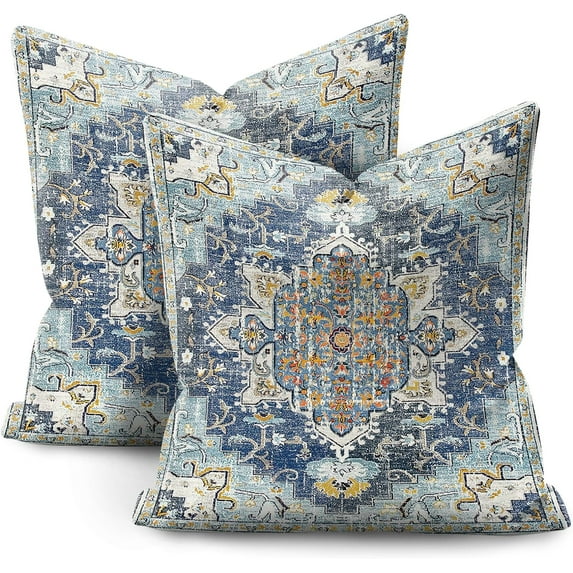 Boho Throw Pillow Covers Vintage Blue Yellow Pattern Bohemian Style with Floral Square Pillowcase Linen Cushion Cover Farmhouse Decorative Pillowcase for Sofa Sofa Bedroom Pack of 2 18 x 18 Inch