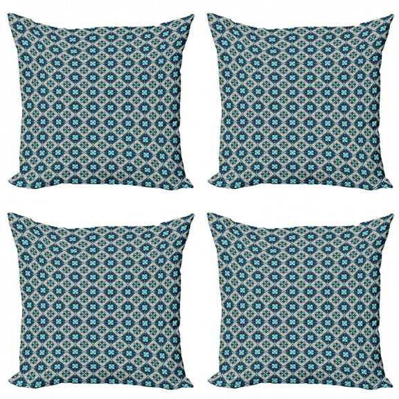 Ambesonne Boho Throw Pillow Cover 4 Pack, Flower Motif Squares, 20", Pale Orange Night Blue