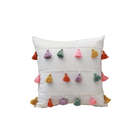 Boho Throw Pillows, Decorative Throw Pillows, Pom Pom, White Decorative Pillows, 20X20 In, Sofa Seating Accents, Living Room Decor, 1 Pc