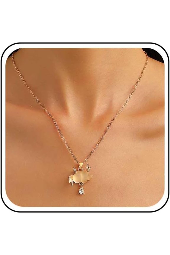 Boho Thunder Cloud Choker Necklace Crystal Teardrop Lighting Bolt Pendant Necklace Gold Acrylic Resin Rain Cloud Necklaces Chain Cute Weather Jewelry Accessory for Women
