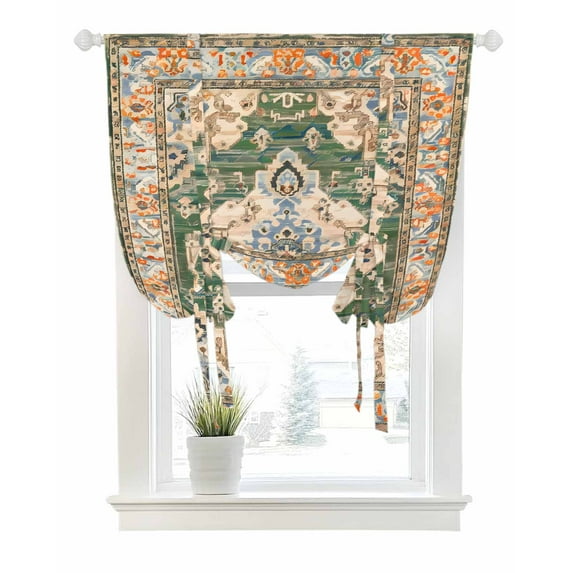 Boho Tie Up Curtains for Window, Thermal Insulated Balloon Shade Adjustable Rod Pocket Curtains Valance Panels for Kitchen Bathroom Cafe 42 x 54 Green Brown Ethnic Tribe Abstract Vintage Western