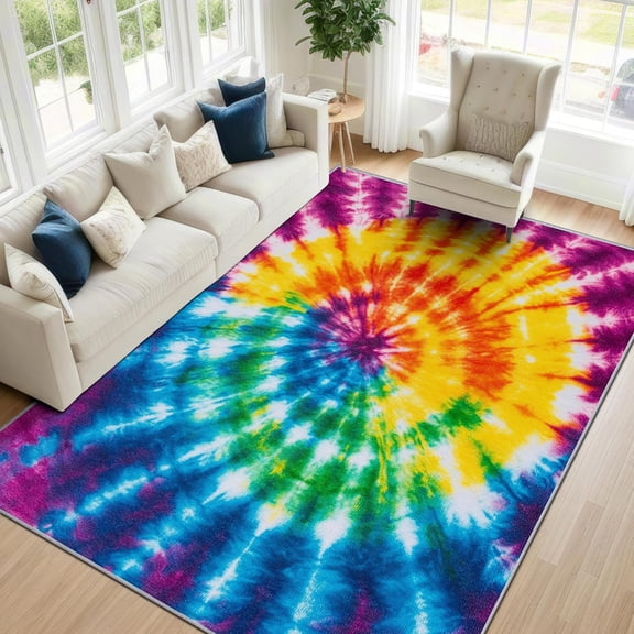 Boho Tie Dye Area Rugs, Colorful Rainbow Spiral Carpet, Washable Non Slip Low Pile Soft Rug for Living Room Bedroom Decor Mat 2x3ft