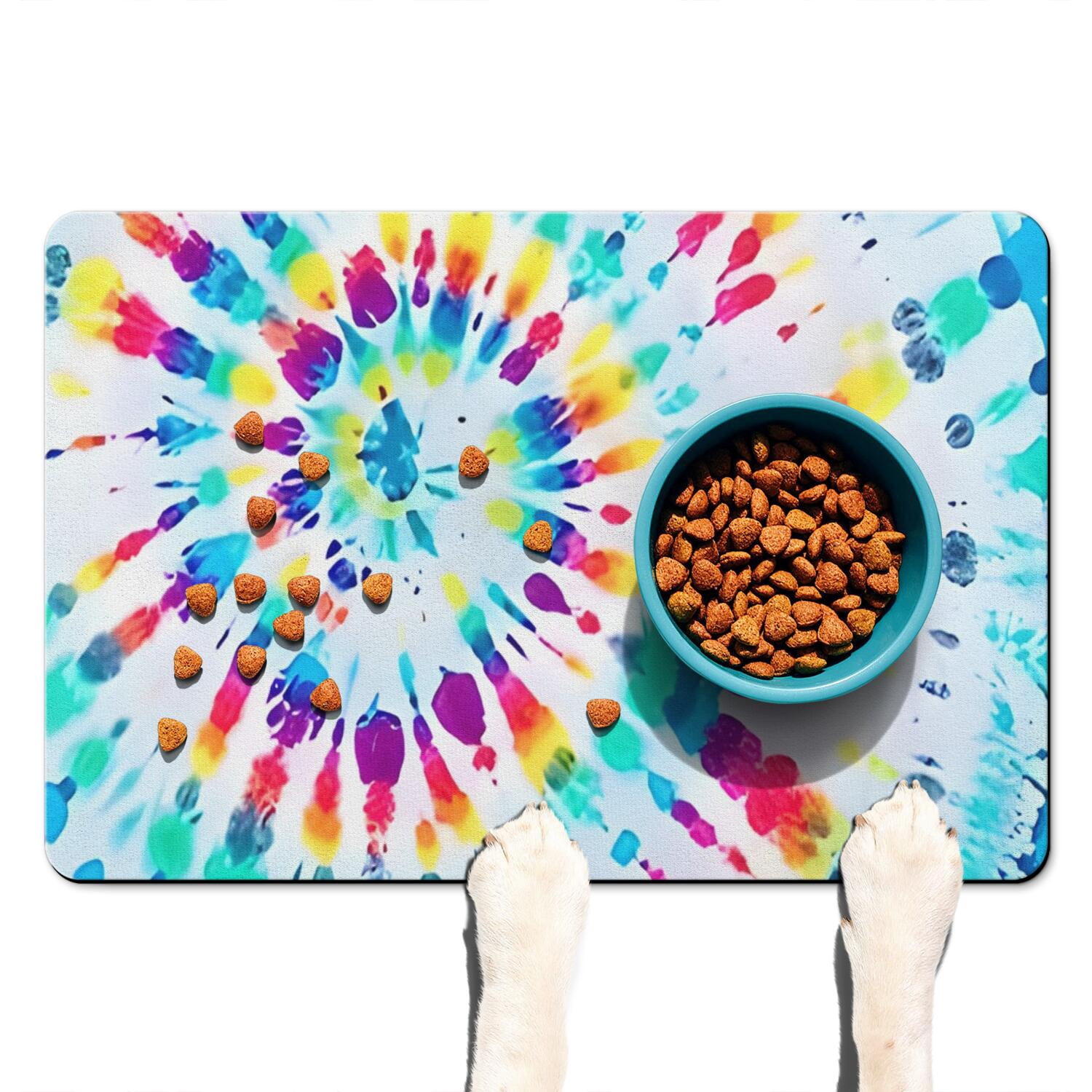 Boho Tie Dye Dog Food Mat with Vibrant Multicolor Watercolor Patterns ...