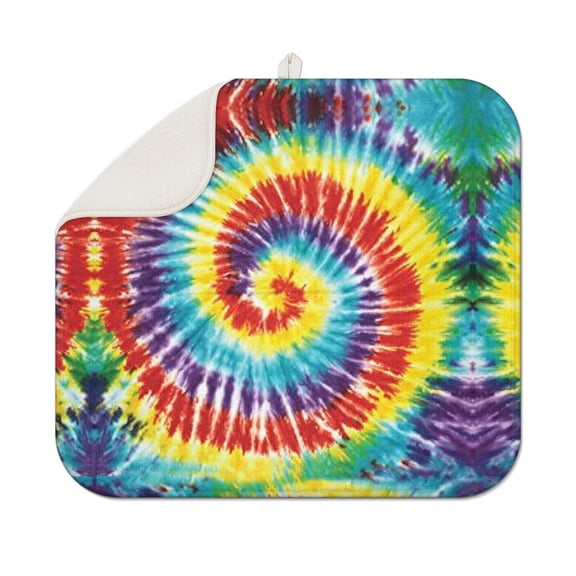 Boho Tie Dye Kitchen Drying Mat - Ultra Absorbent Watercolor Tie Dye Countertop Mat, Thick 3-Layer Heat Proof Dish Rack Pad, Compact Foldable Psychedelic Swirl Drying Mat with Hanging Loop