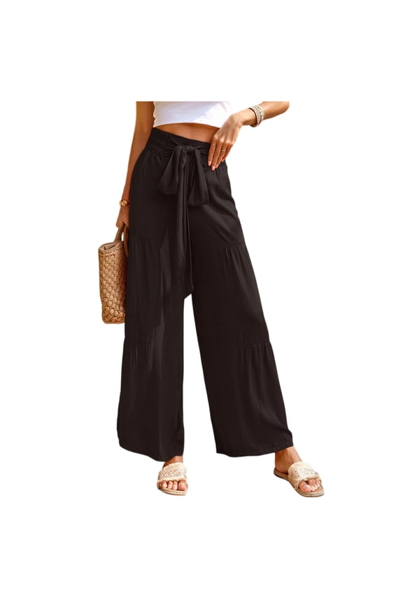 Boho Tiered Palazzo Pants for Women, High Rise Belted Wide Leg Trousers, Casual Spliced Loose Slacks, Summer Flowy Bottoms