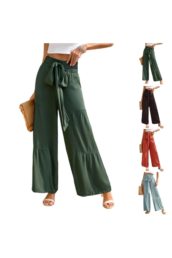 Boho Tiered Palazzo Pants for Women, High Waist Belted Wide Leg Trousers, Casual Spliced Loose Slacks, Summer Flowy Bottoms
