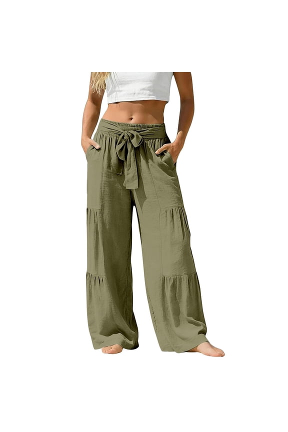 Boho Tiered Palazzo Pants for Women, Smocked Elastic High Waist Trousers with Bow, Casual Spliced Wide Leg Slacks with Pockets