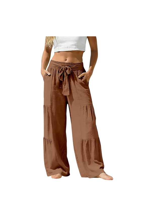 Boho Tiered Palazzo Pants for Women, Smocked Elastic High Waist Trousers with Bow, Casual Spliced Wide Leg Slacks with Pockets