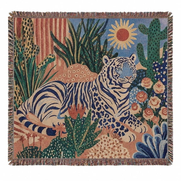 Boho Tiger Woven Throw Blanket – 100% Cotton, Fringed Edges, Desert Botanical Design | 3 Sizes
