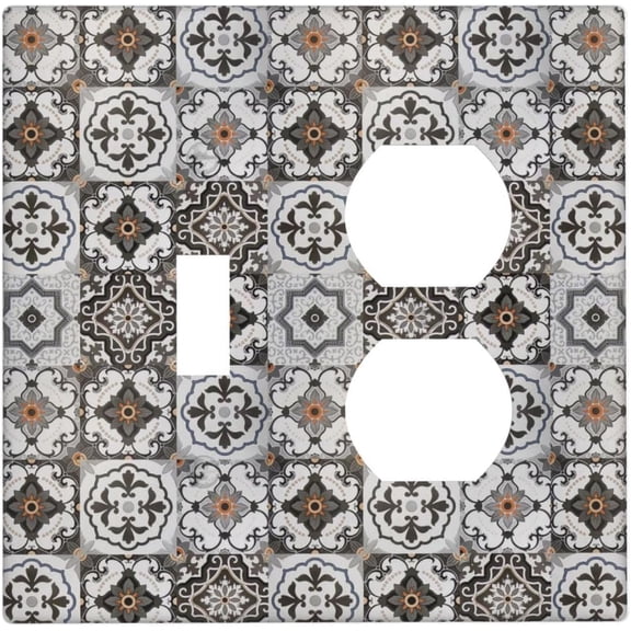 Boho Tile Gray Mexican Talavera Ceramic Outlet Covers 2 Gang Combination 1 Toggle/1 Duplex Light Switch Covers Decorative Gfci Wall Plate Electrical Receptacle Switchplate Plug Faceplate Decor