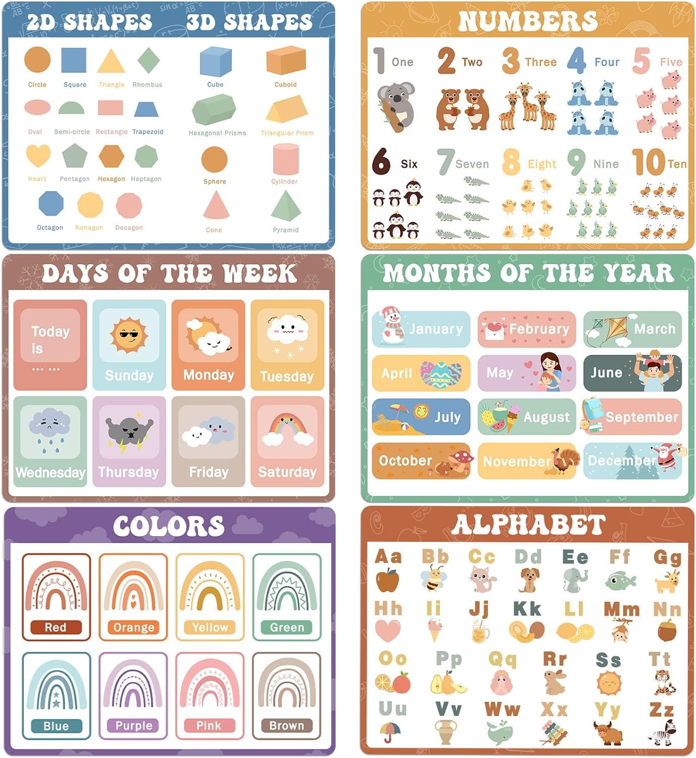 Boho Toddler Plastic Placemat Set of 6 Educational Preschool Learning Mats for Kids Reusable