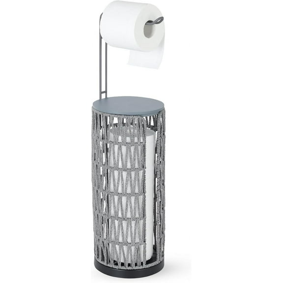 Boho Toilet Paper Holder with Storage，3 Rolls of Freestanding Toilet Paper Roll Holder Stand,Wicker Tissue Holder for Bathroom,Rattan Sturdy Bathroom Decor Farmhouse Toilet Paper Storage-Grey