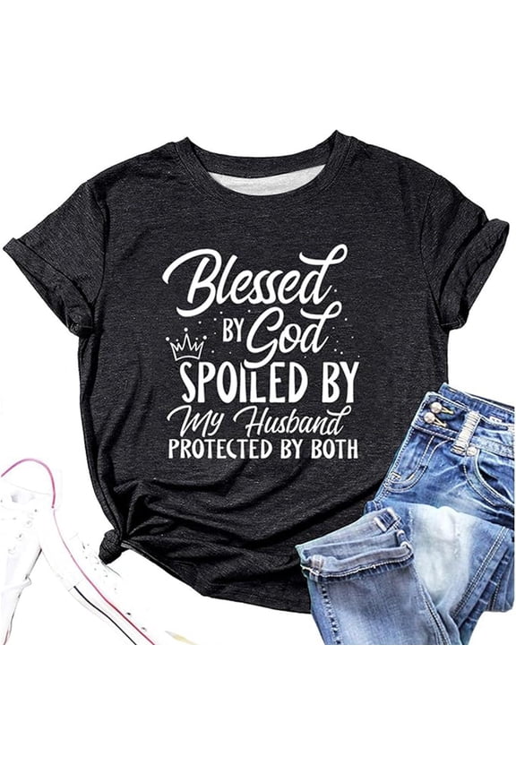 Boho Tops For Women Letter Print Short Sleeve Stylish Comfortable Apparel Ladies Casual Blouse,Black,L