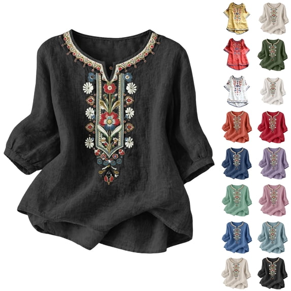 Boho Tops Sawvnm Embroidered Tops For Women 3/4 Sleeve Boho Linen Shirts Plus Size V Neck Tunic Peasant Clothes Black XL
