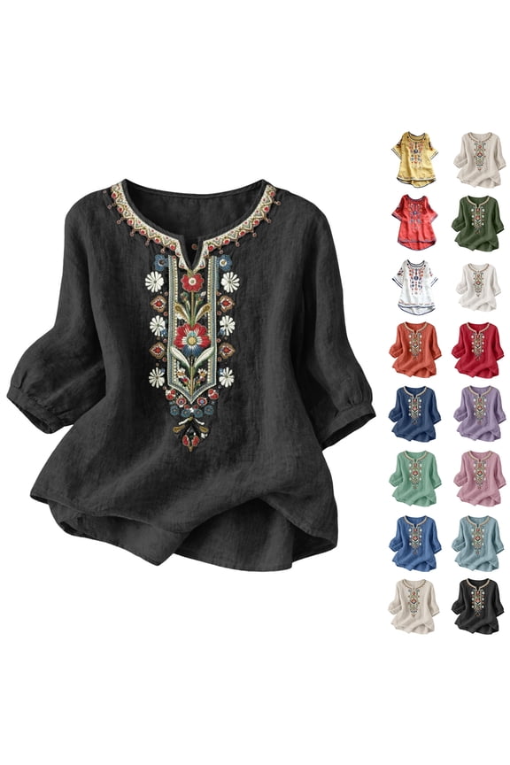 Boho Tops Sawvnm Embroidered Tops For Women 3/4 Sleeve Boho Linen Shirts Plus Size V Neck Tunic Peasant Clothes Black XL